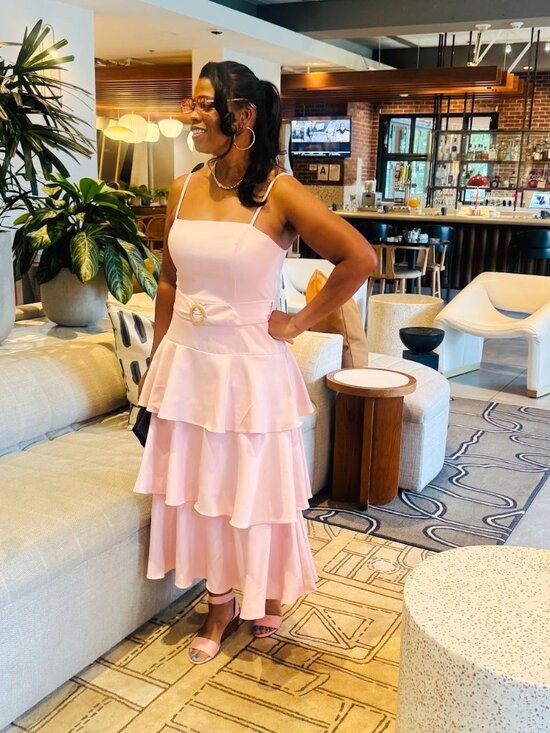 Ieena For Mac Duggal Dresses & Skirts - IEENA for Mac Duggal-Women's Belted Tiered Ruffle Sleeveless Midi Dress